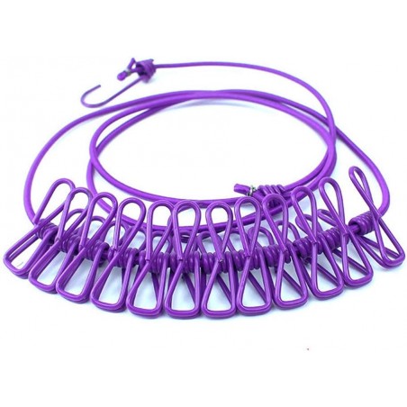 Corde à linge portable, extensible et rétractable avec 12 pinces à linge - Style extérieur - Coupe-vent - Couleur : violet -