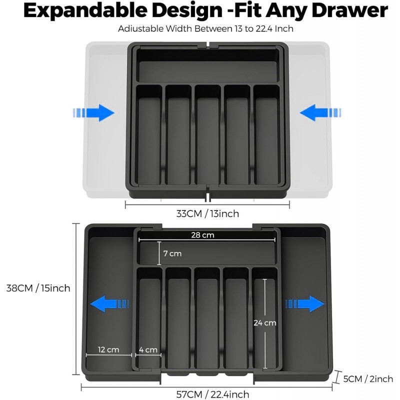 HIYAA Plateau à ustensiles extensible pour tiroir, couverts, organisateur de tiroir de cuisine, support de rangement en