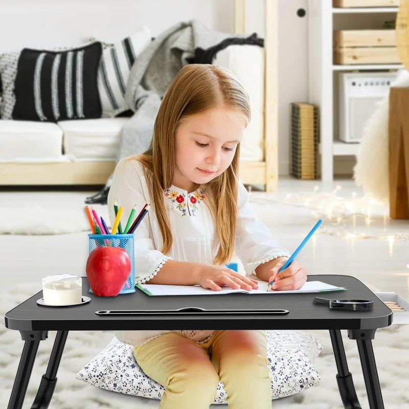 Zapuno Foldable Laptop Bed Table Multi-Function Lap Serving Tray Dining Table with Storage Drawer and Water Bottle Holder, Slot