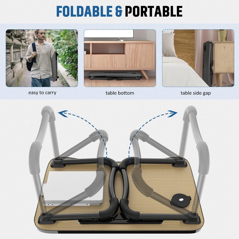 Zapuno Foldable Laptop Bed Table Multi-Function Lap Serving Tray Dining Table with Storage Drawer and Water Bottle Holder, Slot